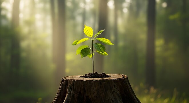 Young Green Plant Sprouting from a Tree Stump in a Sunlit Forest sapling - Powered by Adobe