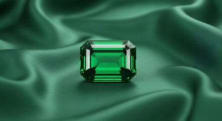 Emerald cut gemstone on green silk podium. Luxurious diamond jewelry or birthstone. Elegance and wealth concept for fashion backgrounds.
