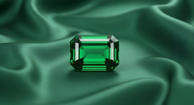 Emerald cut gemstone on green silk podium. Luxurious diamond jewelry or birthstone. Elegance and wealth concept for fashion backgrounds.