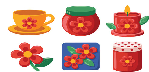 Vector collection of six charming floral icons for spring, home decor, and decorative applications