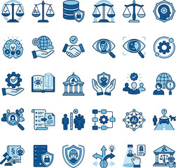 AI Ethics and Governance Icons Set – AI Law, Data Privacy, Transparency, Security, Accountability