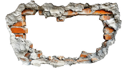 Hole in old brick wall showing inner structure and bricks