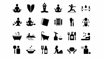 Set of black icons representing various activities like yoga, reading, eating, and working on a computer