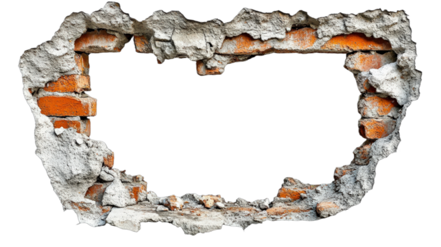 Hole in old brick wall showing inner structure and bricks