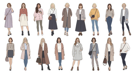 collection of modern illustrated female characters in flat vector style