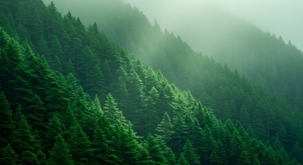 Lush green forest on a misty mountain slope. Natures beauty and tranquility. Evergreen tree landscape for environmental and conservation concepts.