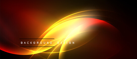 Bright abstract design. Dynamic lines create glowing effect. Warm colors dominate composition, suggesting energy, motion.