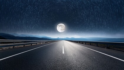 Long Empty Highway Under Starry Night Sky And Glowing Moon
