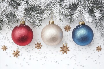 Beautiful Christmas Ornaments and Snowy Branches Creating a Festive Background for Holiday Cards