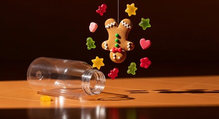 Gingerbread man hanging with colorful sweets near overturned glass  