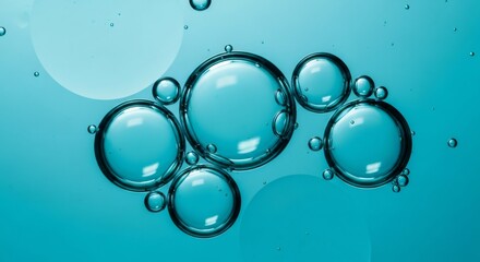 Abstract blue water bubbles. Macro of clear oil drops on blue background. Concept for purity, health, and beauty product design.