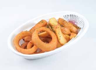 crispy onion rings and savory potato wedges. Perfect for sharing at your next casual gathering, party, or barbecue.