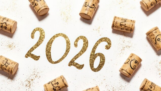 Golden Glitter 2026 with Wine Corks on White Background.