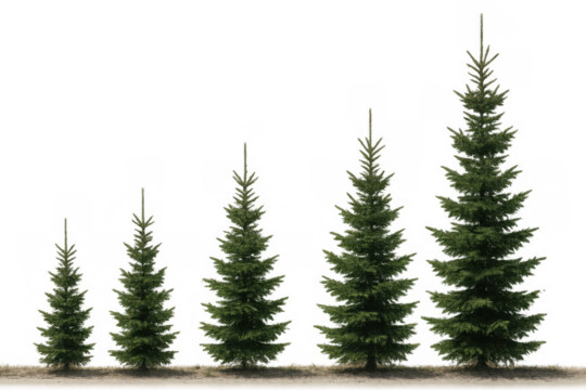 Evergreen fir trees progress in size, showing growth and development, isolated on a transparent background