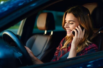 Woman driving car using phone call mobile safety driving distracted risk