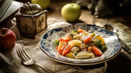 Video Plate of food on a table with blue and white colors