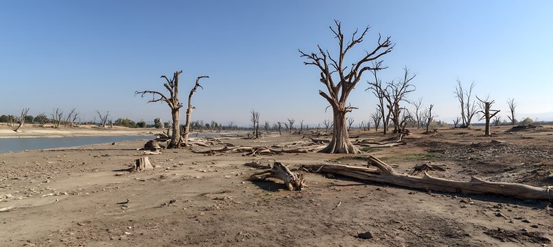Barren landscape showing numerous dead, leafless trees standing on dry, cracked earth under a clear blue sky