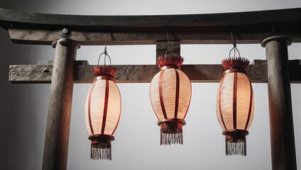 Three Japanese lanterns hanging from a wooden structure.