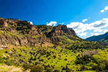 Scenic Route 16 in Wyoming, USA. Breathtaking scenery at the western foothills of the Bighorn Mountains.