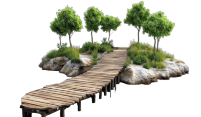 Wooden bridge leading to a small island with green trees and rocks