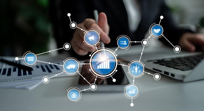 Conceptual image showcasing a digital marketing strategy with data visualization elements reflecting business growth in a modern office setting, emphasizing analytics and teamwork. Crux