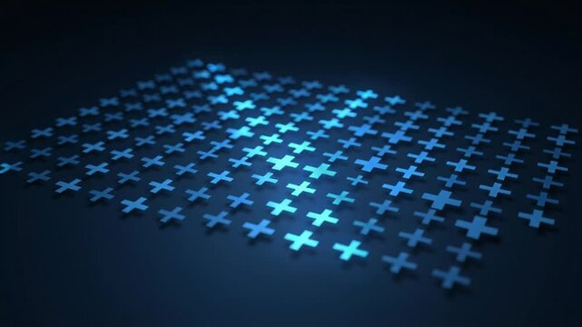 Abstract grid of glowing blue plus symbols on a dark background representing technology and network connections