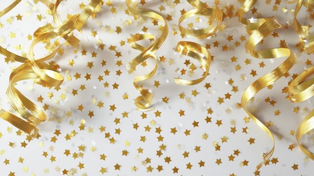 Golden star confetti and curling ribbons on marble - Powered by Adobe