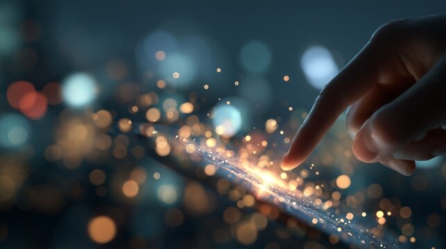 A hand interacting with a touchscreen, causing luminous particles to react