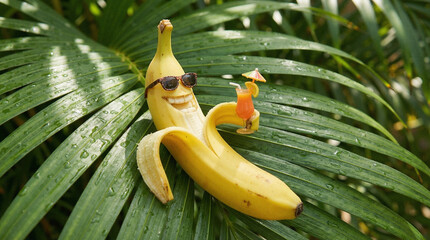 A hilarious, anthropomorphic banana with a peeled grin and sunglasses relaxes on a palm leaf, sipping a tropical cocktail.