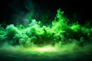 Green fog and smoke background with neon glow, 3D atmospheric rendering. Soft swirling haze floating in the dark, creating a mysterious, magical mood. Abstract panoramic cloud of green mist isolated o