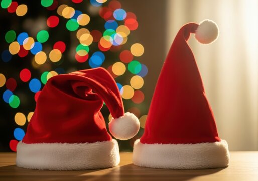 Two red santa hats on wood with festive bokeh background