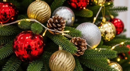 Decorated christmas tree with festive ornaments and lights