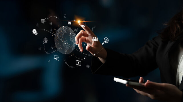 Visualization of global digital communication and online across multiple platforms, including global network, digital network, communication network, and online network. Latch