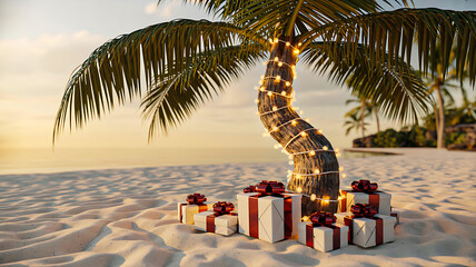 Palm tree wrapped in string lights with white gift boxes and red ribbons on sandy beach at sunset