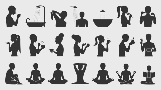 Silhouettes of people engaged in various activities such as showering, washing dishes, and meditating, isolated on