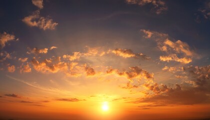 Panorama Of Orange Sunset Sky With Bright Sun