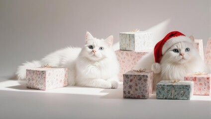 Two fluffy white cats with Christmas presents and one wearing a Santa hat.