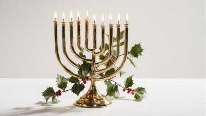 Golden Menorah with Lit Candles and Holly Berries.