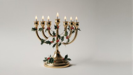 Golden Jewish Menorah with Lit Candles and Christmas Holly Decor.