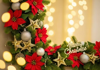 Bright christmas wreath with poinsettias, stars, and bokeh