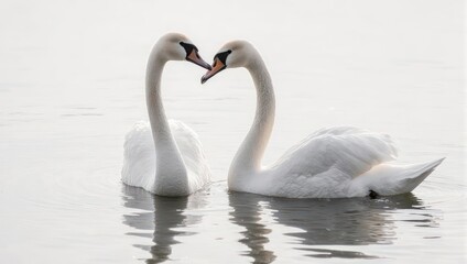 Two elegant white swans forming a heart shape with their necks on a tranquil lake.