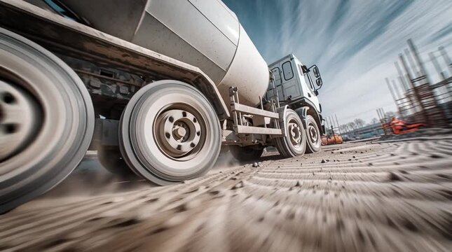 Dynamic advertising shot of a concrete mixer truck pouring fresh cement on a construction site, with motion blur emphasizing the flowing concrete, speed, and industrial building power.
