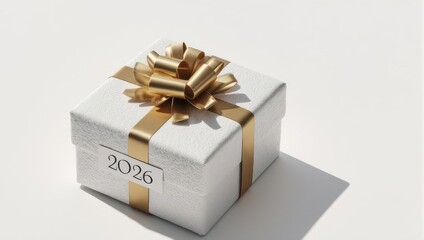 White Gift Box with Golden Ribbon and 2026 Tag on White Background.