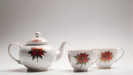 Vintage white ceramic teapot and two cups with red floral pattern on a white background.