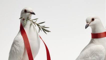Two white doves with red ribbons and olive branch symbolize peace.