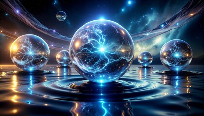 Szklana, pusta kula z widocznymi wyładowaniami elektrycznymi wewnątrz. Mikro pioruny w szklanej kuli.