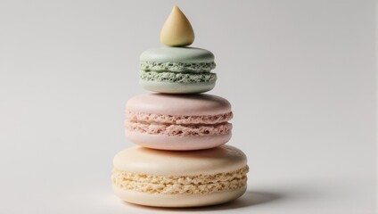 Stacked Pastel Macarons with a Decorative Topping on a White Background.