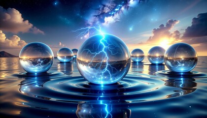 Szklana, pusta kula z widocznymi wyładowaniami elektrycznymi wewnątrz. Mikro pioruny w szklanej kuli.