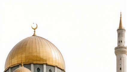 Golden Dome and Minaret of a Mosque Against White Sky.