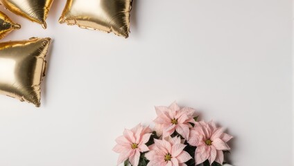 Golden Balloons and Pink Flowers on White Background.
